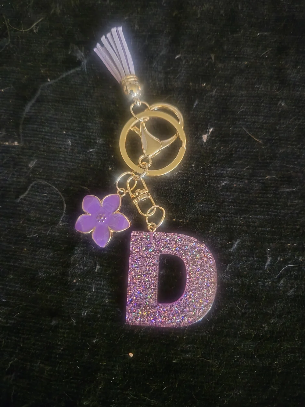 Personalized Purple 'D' Initial Keychain, BAG Purse Charm with Flower Charm